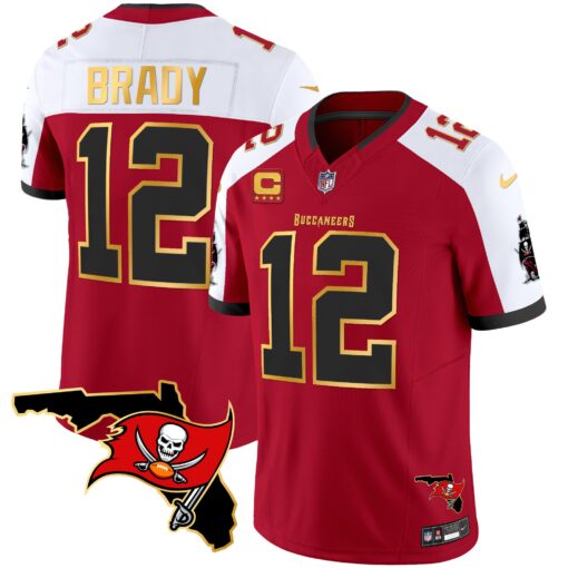 Men's Tampa Bay Buccaneers #12 Tom Brady Red/White With Florida Patch Gold Trim Vapor Football Stitched Jersey